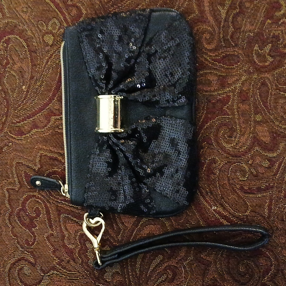 Betsey Johnson Black Sequins with Bow Wristlet with Heart Shaped Strap.